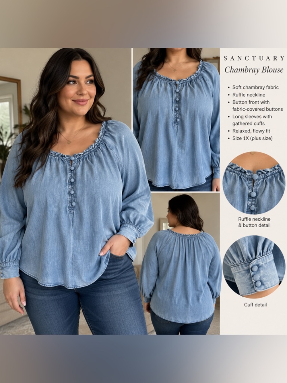 ✨Jane & Delancey Chambray Ruffle Blouse – Light Denim Blue – Feminine Boutique